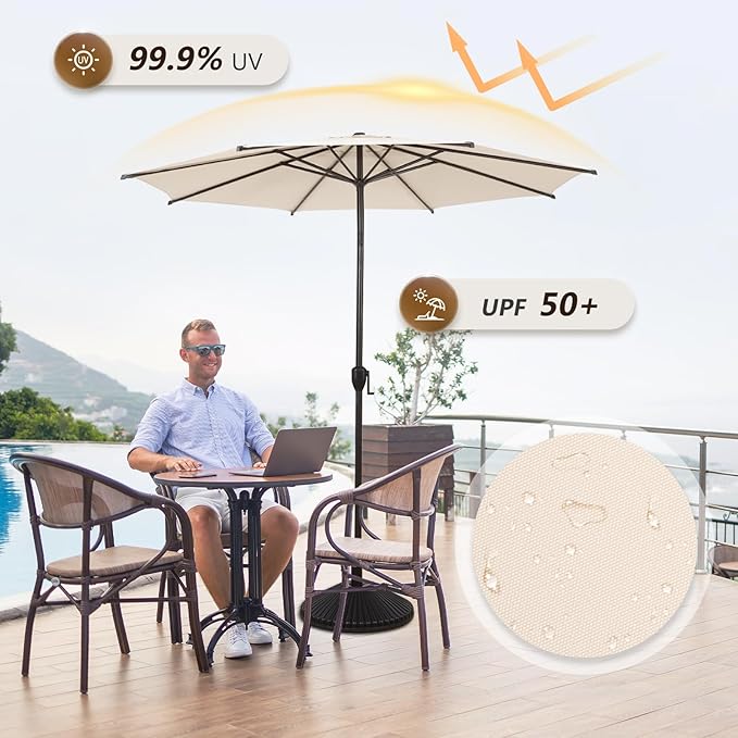 Abba Patio 9FT Lyon Outdoor Patio Umbrella Outdoor Table Umbrella with Push Button Tilt and Crank Market Umbrella 8 Sturdy Ribs UV Protection Waterproof for Garden Deck Backyard Pool Beige
