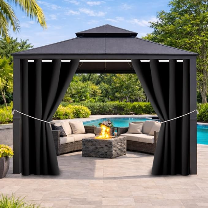 DIVA EN CAMINO DEC Outdoor Patio Curtain Waterproof Darkening Thermal Insulated Indoor Curtains for Bedroom, Porch, Living Room, Pergola, Cabana, W52 x L63, Black, Set of 2 Panels