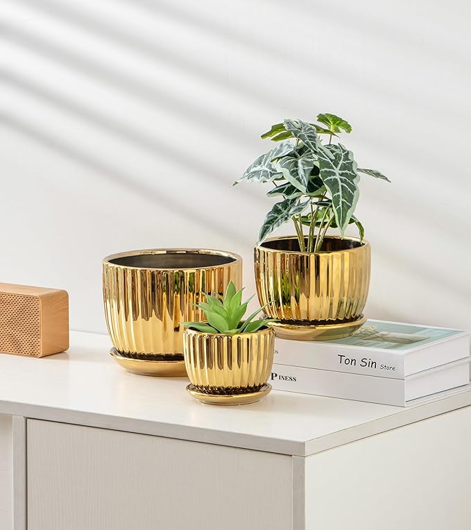 Ton Sin Gold Plant Pots,4.1+5.1+6.5 Inch Ceramic Succulent Planters Set of 3 Mini Indoor Flower Pot with Drainage,Handmade Decorative Ceramic Orchid and Herb Pots(Gold)
