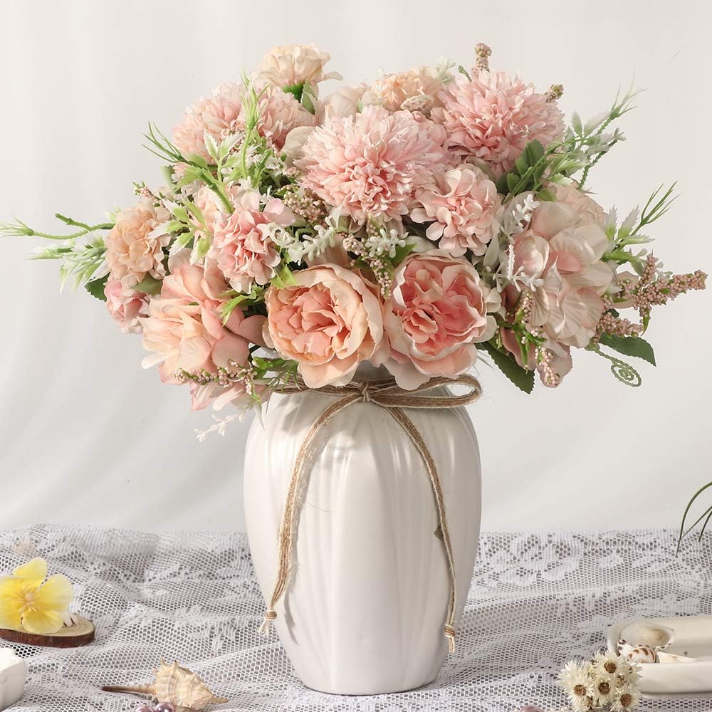 peonies artificial flowers in vase, fake hydrangea silk, main product view