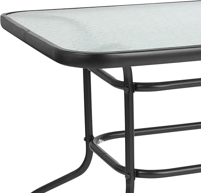 Flash Furniture Tory 31.5" x 55" Rectangular Tempered Glass Metal Patio Table with Umbrella Hole, Modern Rippled Glass Outdoor Dining Table, Black