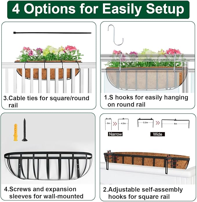 4 Pack 24" Railing Planter Window Box with Coco Fiber Liner Horse Trough Planter The Railing Planter Boxes for Deck Porch Fence Outdoor