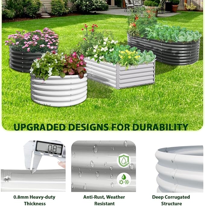 A ANLEOLIFE 2-Set 8X4X2 ft Galvanized Raised Garden Bed Kit, Oval Metal Deep Root Planters for Outdoor Plants, Antique White