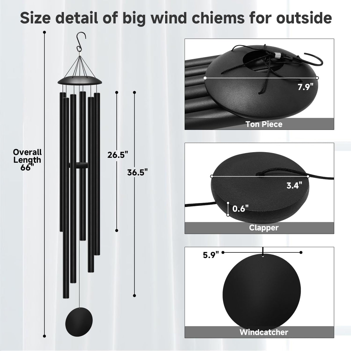 66" extra large wind chimes for outside, 6 shown in use