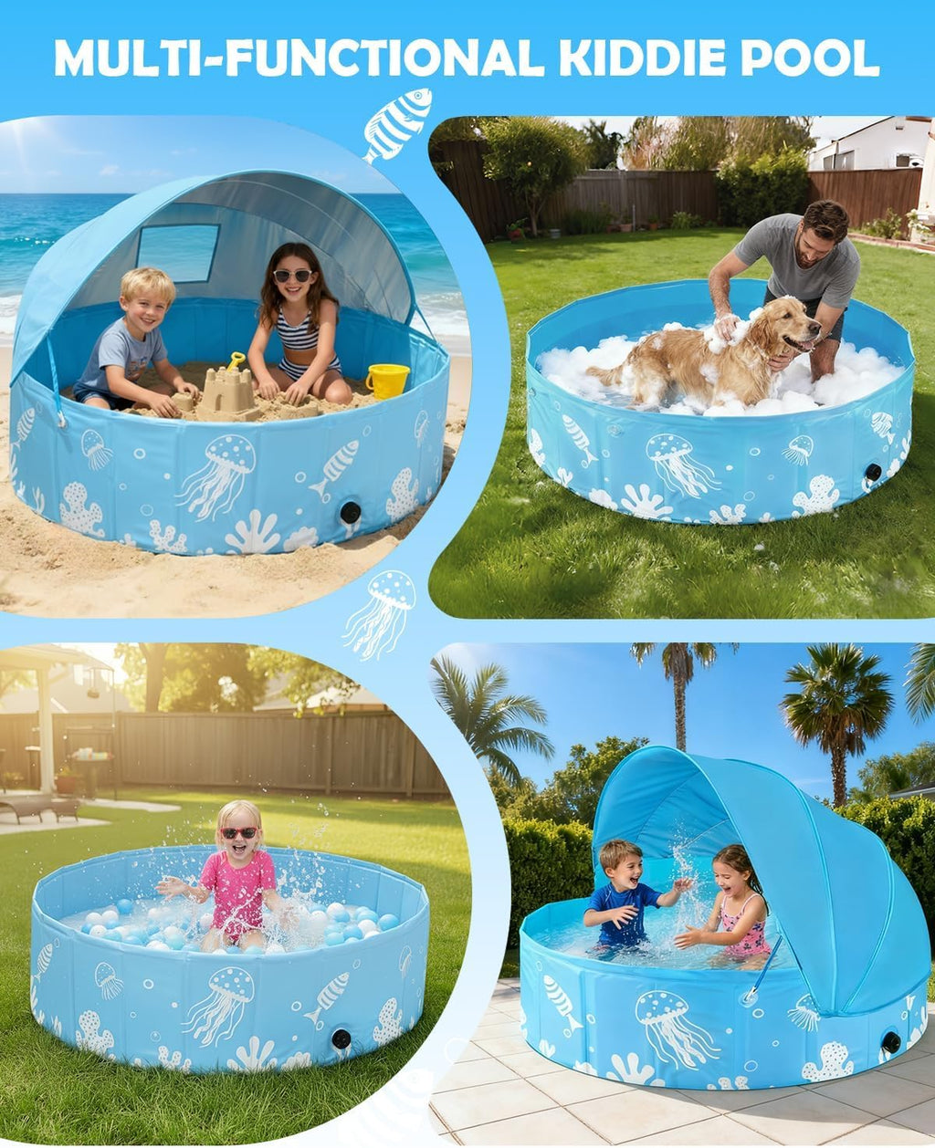 Foldable Kiddie Pool with Canopy, 47 in, Non-Inflatable, Blue | UPF 50+ sun canopy; portable baby pool for toddlers ages 1-3 and dogs, suitable for backyard, beach and outdoor water play
