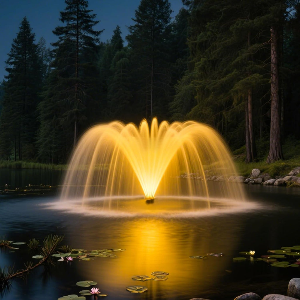 Premium LED Pond Fountain with RGB Lighting System, Stainless Steel Rotor, All-Copper Motor, Remote Control, Dynamic Color Changing, for Garden Ponds (Two Lights)