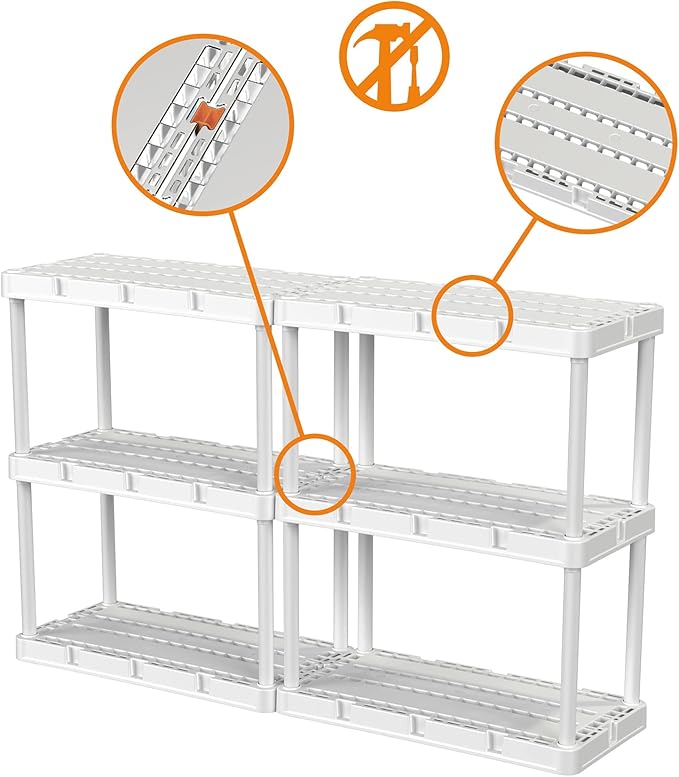 Gracious Living 3 Pack Light Duty Storage Shelves, Knect-A-Shelf 3-Shelf Ventilated Shelving Rack Organizer for Home, Garage, Basement, Laundry, White