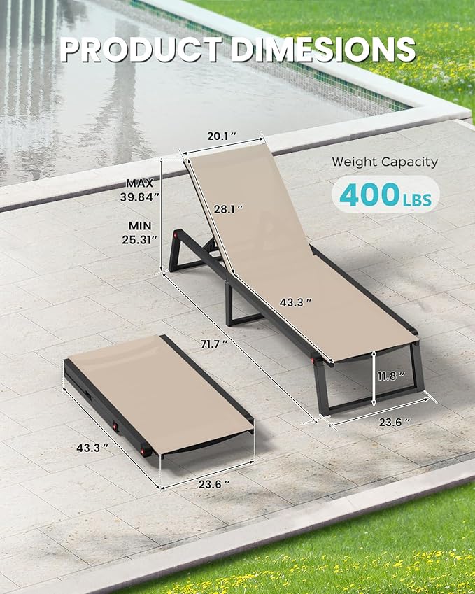 Aluminum Patio Chaise Lounge Set of 2 with 1 Side Table, Foldable Outdoor Pool Lounge Chairs 5-Position Recliner for Outside Poolside, Fully Grounded Legs Sun Lounger for Beach, Yard, Khaki