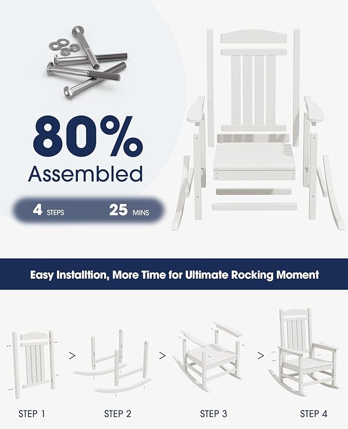 KINGYES Oversized Patio Rocking Chair Set of 2, High Density Polyethylene Outdoor Rocking Chairs with 330lbs Support for Adults, White