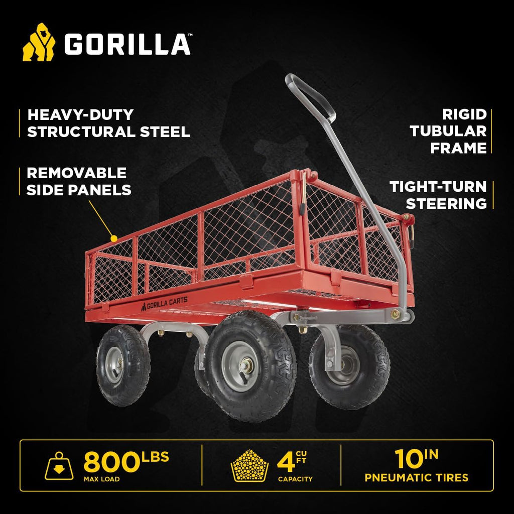 gorilla carts steel utility cart, 800 lb capacity shown in use