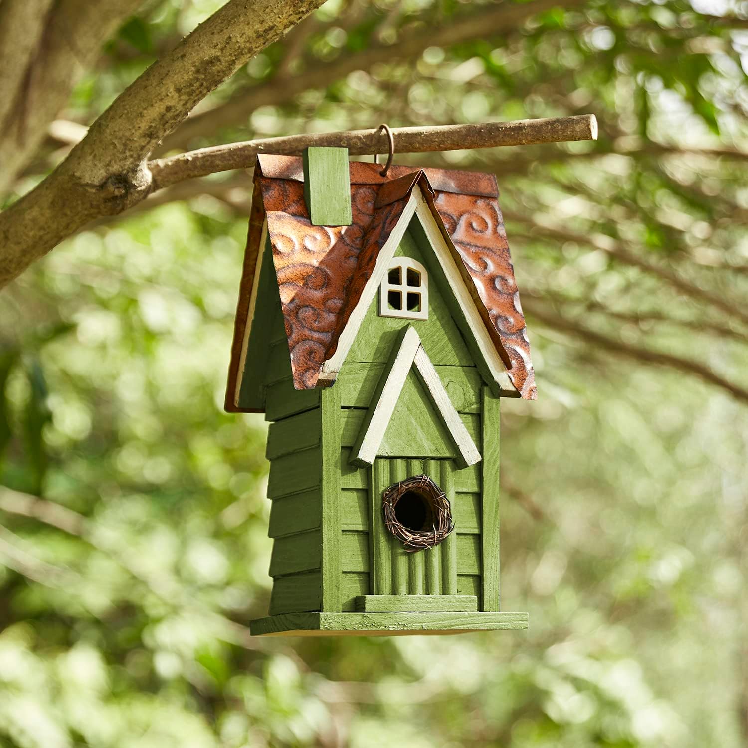 Glitzhome 12" H Green Hanging Distressed Solid Wood Garden Bird House Decorative Birdhouse