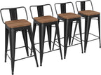 Yongchuang 26" Metal Bar Stools Set of 4 Counter Height Barstools with Wood Top Low Back Matte Black