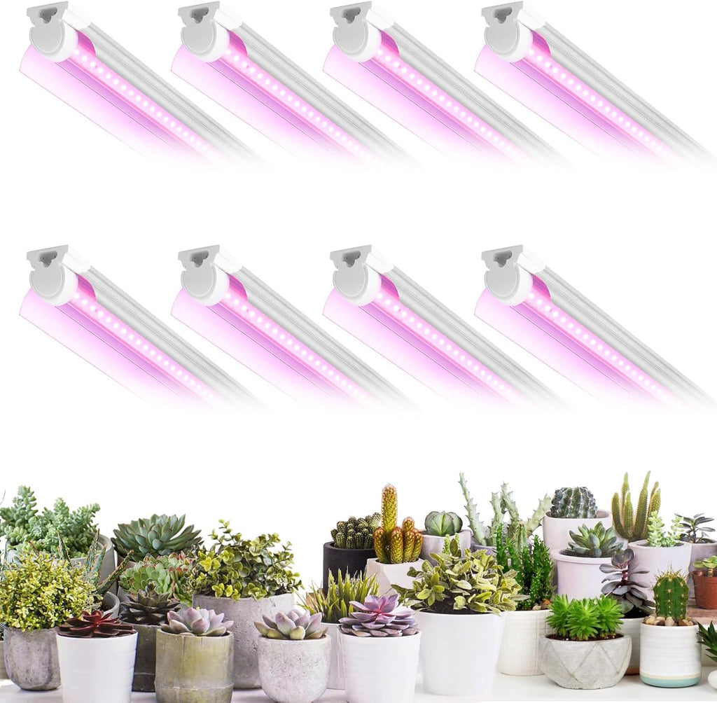 Grow Light for Plants, T8, 2FT, 24W, Full Spectrum, 8 Pack, Linkable | Indoor Grow Light with Reflector, 8x24W High PPFD, Full Spectrum Pink Light , Linkable, Aluminum for Seedlings & Succulents