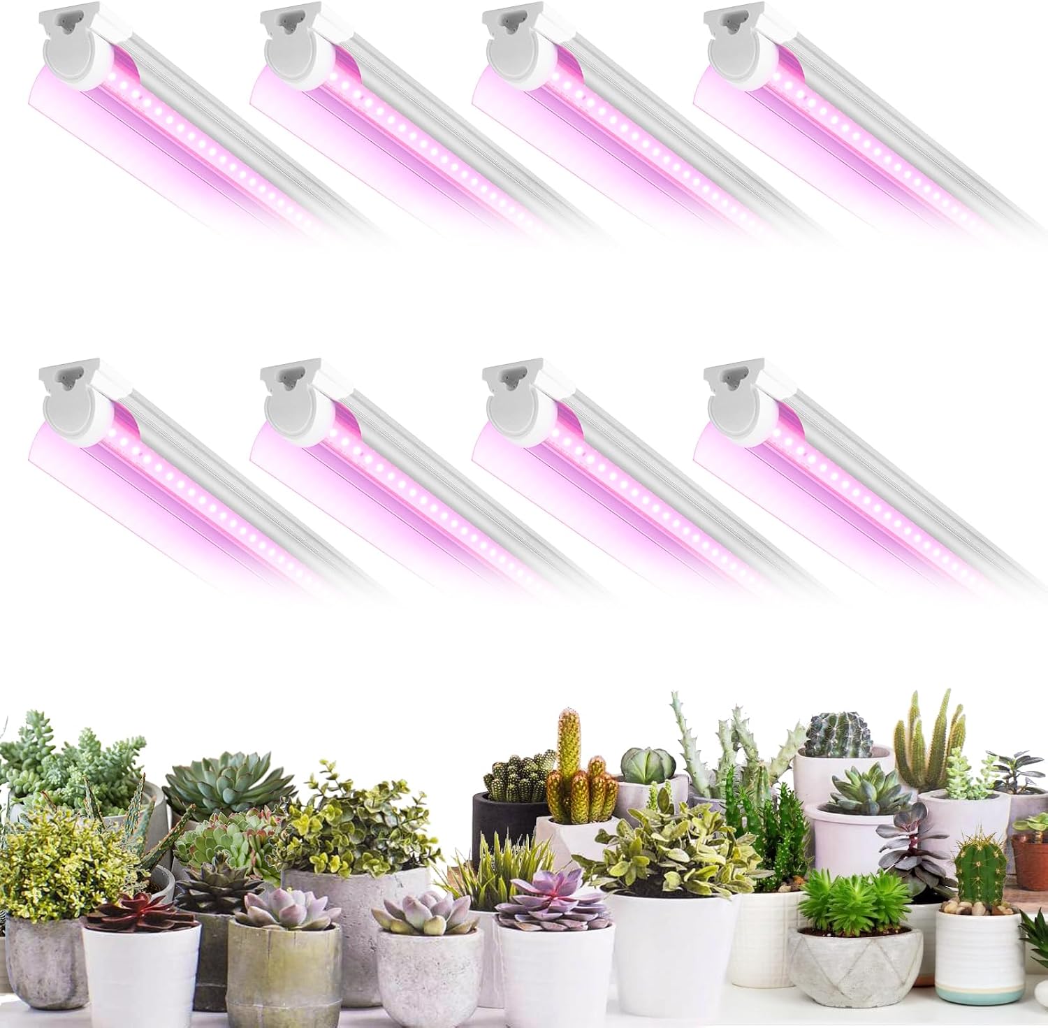 Grow Light for Plants, T8, 2FT, 24W, Full Spectrum, 8 Pack, Linkable | Indoor Grow Light with Reflector, 8x24W High PPFD, Full Spectrum Pink Light , Linkable, Aluminum for Seedlings & Succulents