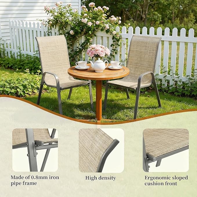 MAMIZO Patio Dining Chairs, Stackable All Weather Teslin Chair, Heavy Duty Outdoor Breathable Chairs Set, w/Armrests, Upgraded Chair FeetW/Strenthened Iron Spacers, 330 LBS (4, Brown)