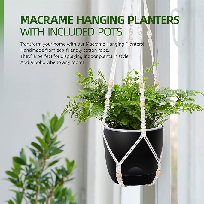 2-Pack 5.7-Inch Self-Watering Hanging Planters for Indoor & Outdoor Plants,34Inch Macrame Hanger Plant Pots Indoor with Drainage,Small Hanging Planters & Baskets,With Two Sets of Hooks（Pure black）