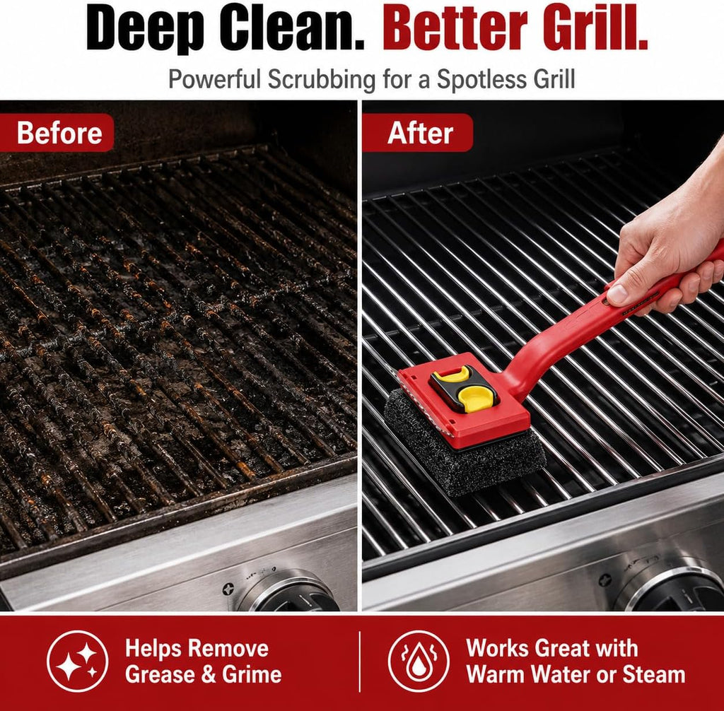 Bristle-Free BBQ Grill Brush for Outdoor Grill, Steam Grill Cleaner with Scraper & 2 Detachable Scrub Heads for Gas, Charcoal, Porcelain, Cast Iron Grates