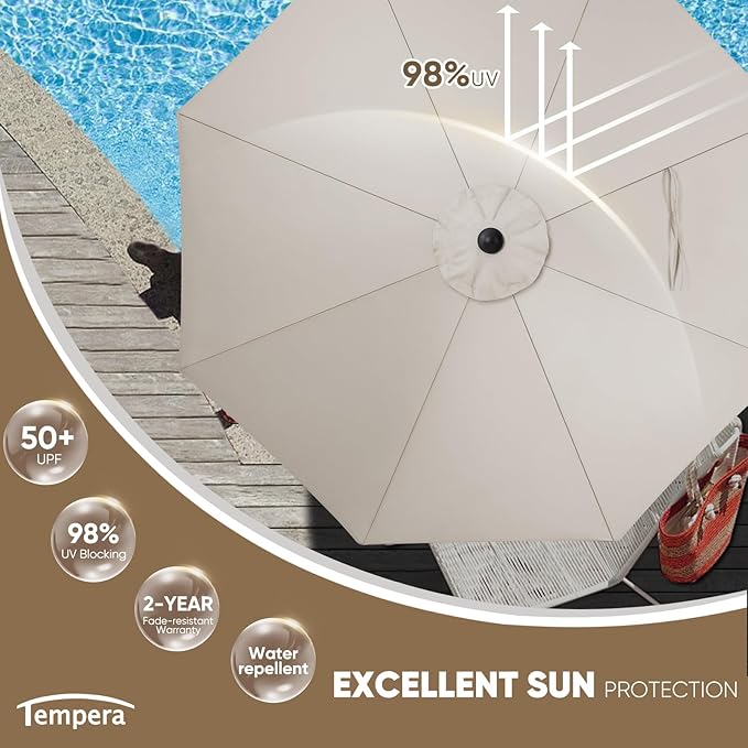 Tempera Patio Market Outdoor Table Umbrella with Auto Tilt and Crank, Large Sun Umbrella with Sturdy Pole & Fade Resistant Canopy, Easy to Set