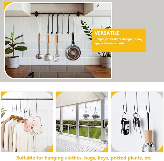 6 Pack 12 Inch Large S Hooks for Hanging Plants,Black Extra Matel Heavy Duty Hook for Hang Brsket,Bird House,Clothes,Kitchenware