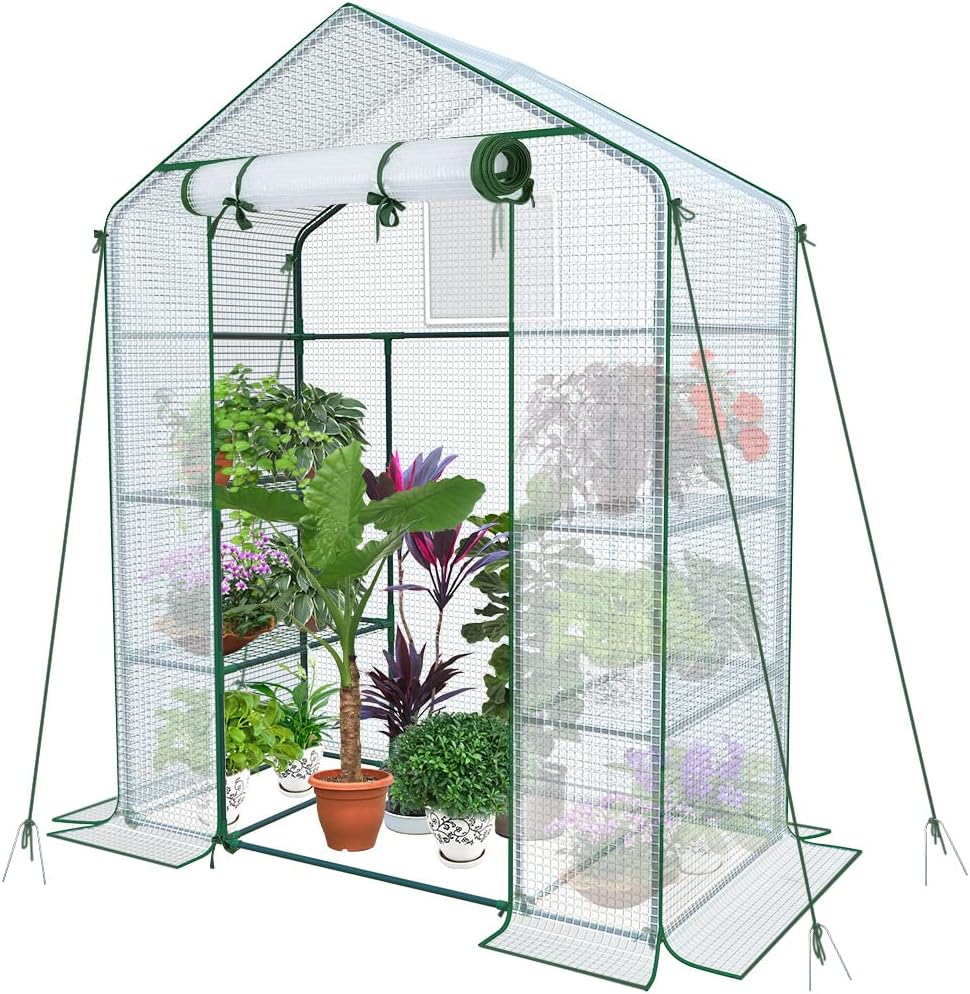 vounot walk in greenhouse with shelves, roll up, main product view
