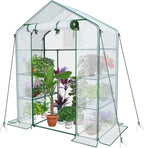 vounot walk in greenhouse with shelves, roll up shown in use
