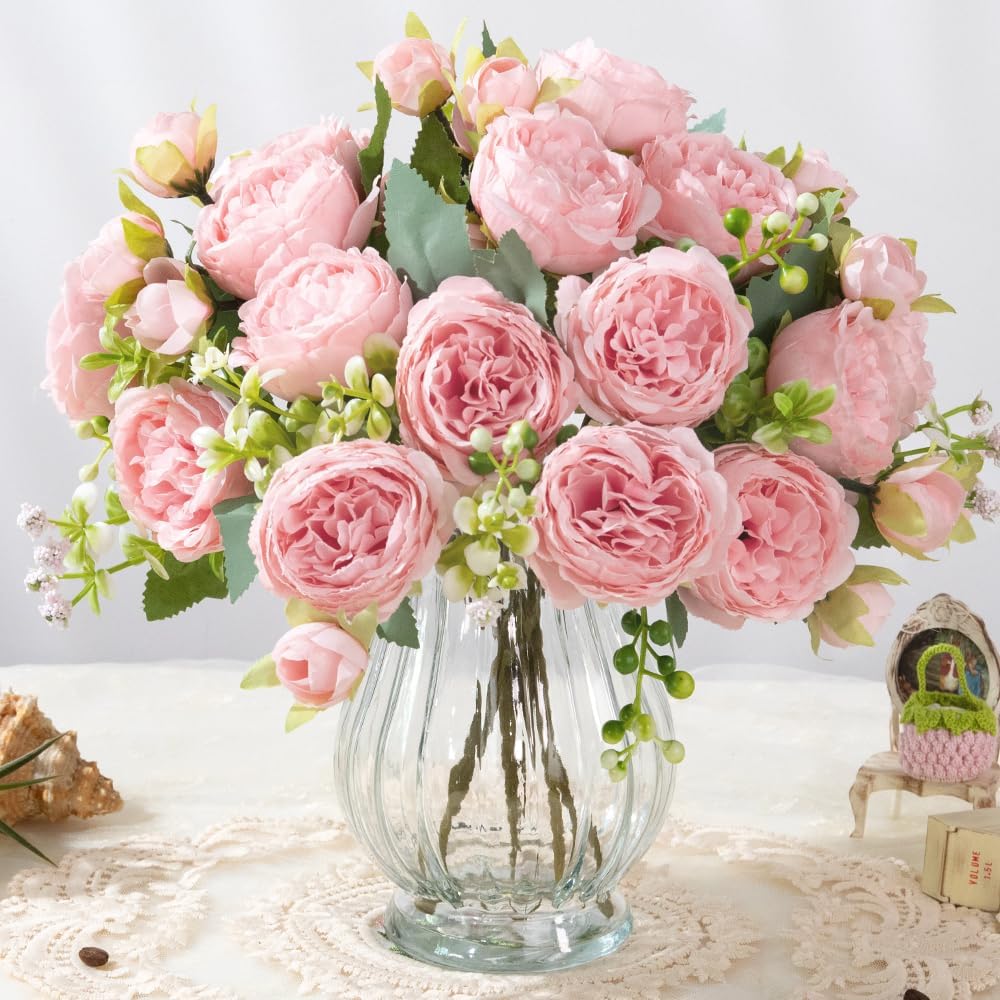 artificial peonies silk flowers in glass vase faux, main product view