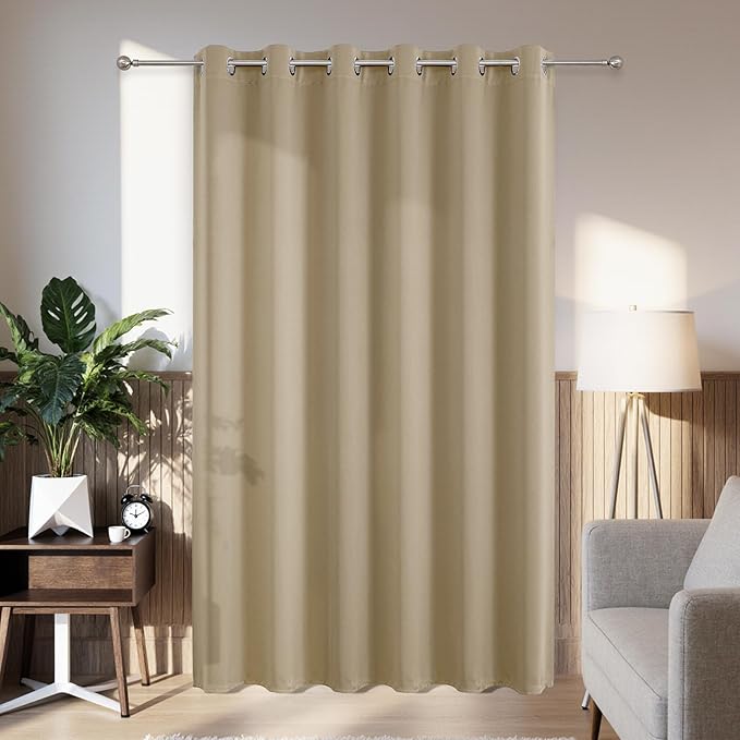 Joydeco Blackout Patio Sliding Door Curtains 90 Inches Long, Grommet Privacy Room Divider Curtains, Extra Wide Thermal Blackout Drapes for Bedroom Living Room (Light Beige, 80Wx90L, 1 Panel)