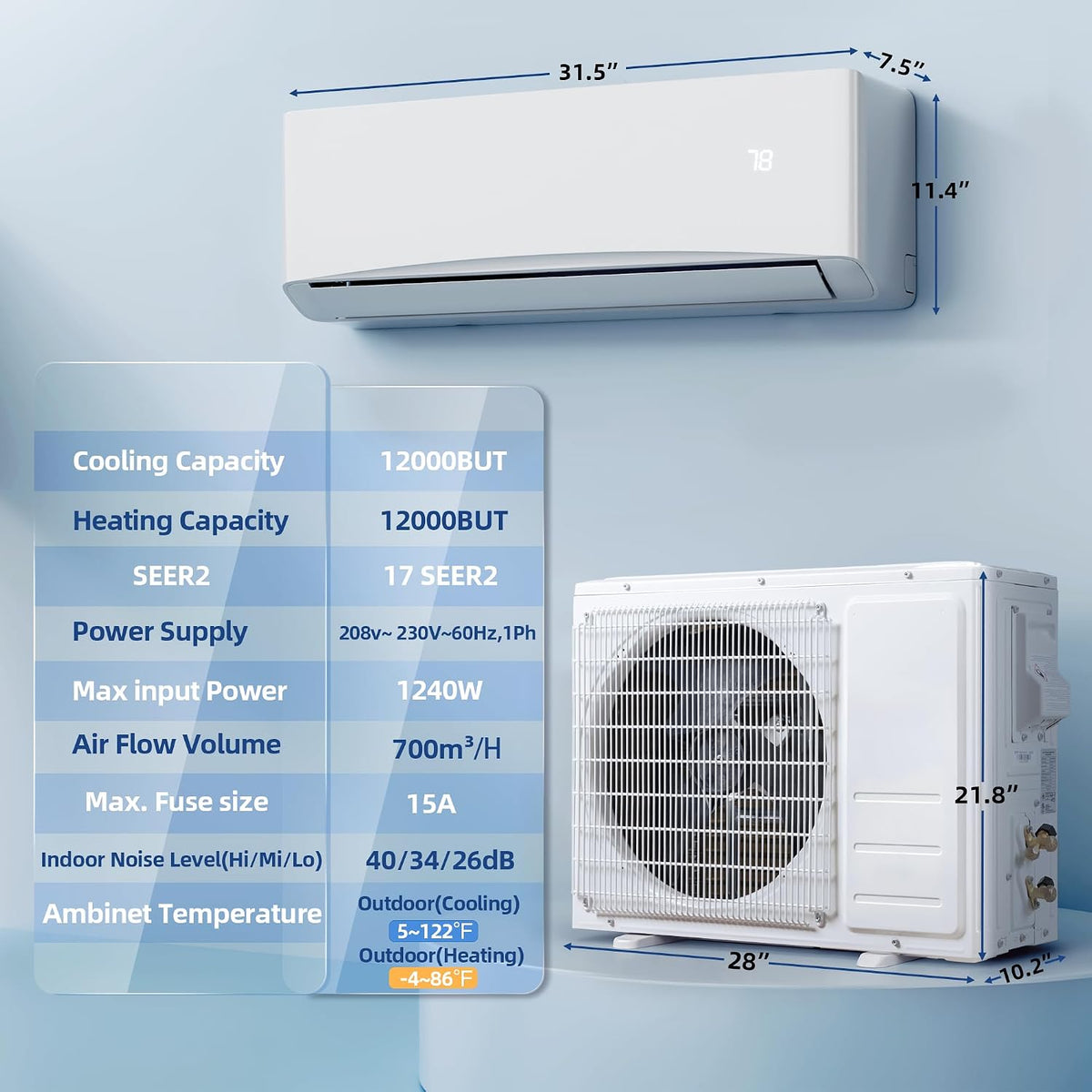 12000btu mini split air conditioner& heater, 17 seer2 showing dimensions