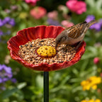 Ceramic Bee Watering Station for Garden, Handmade Flower Shaped Bird Bath with Stake, Outdoor Pollinator Feeder Cups for Wild Birds, Butterflies & Squirrels, Decorative Plant Pot Water Bowl (Red)