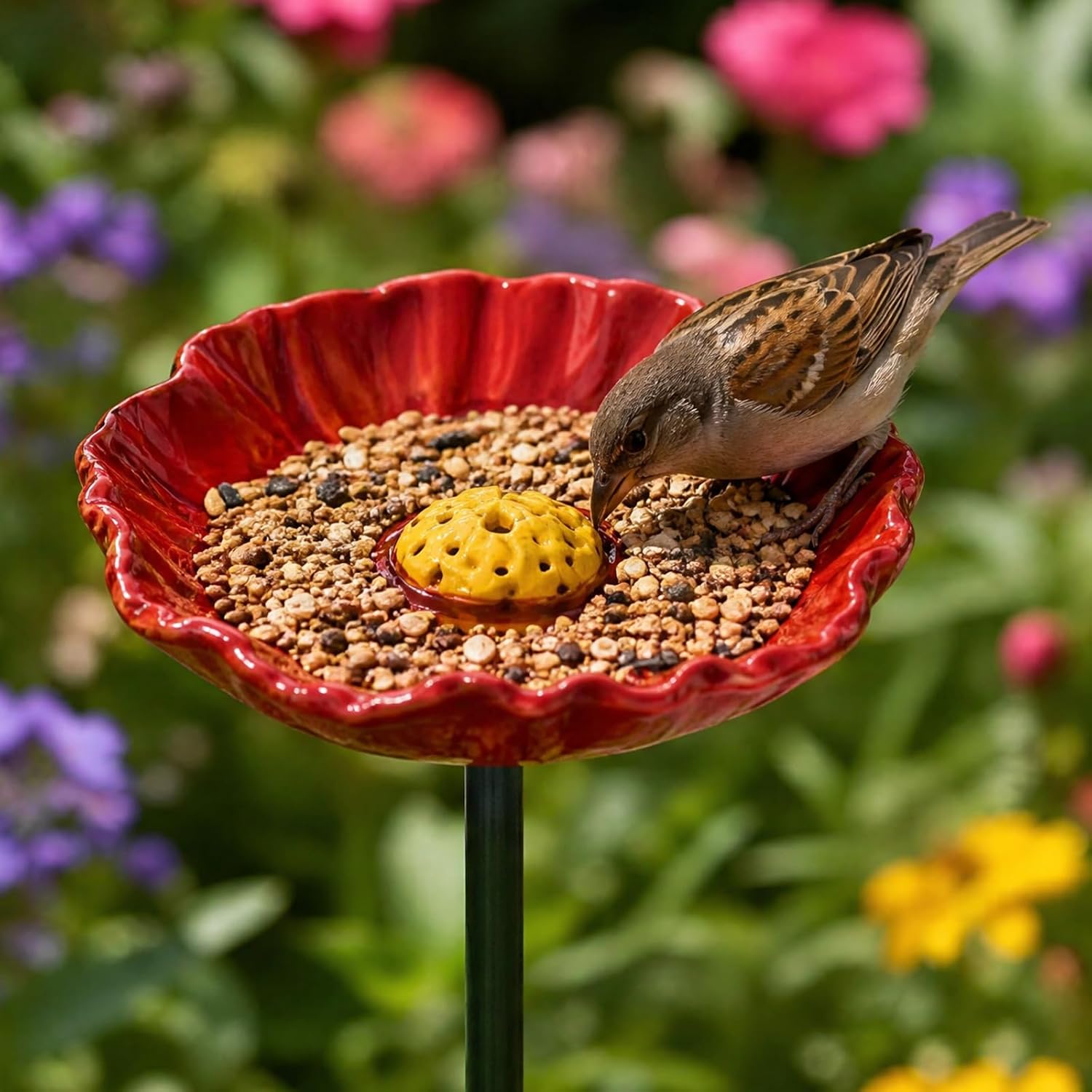 Ceramic Bee Watering Station for Garden, Handmade Flower Shaped Bird Bath with Stake, Outdoor Pollinator Feeder Cups for Wild Birds, Butterflies & Squirrels, Decorative Plant Pot Water Bowl (Red)