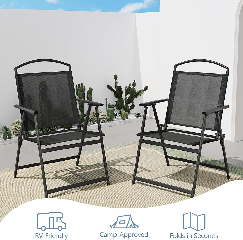 Outdoor Patio Chairs Set of 2, Folding Lawn Chairs, Black | Foldable Lightweight Dining Chairs with Armrests & Back Support, Breathable Textilene & Metal Frame for Deck, Lawn, Camping