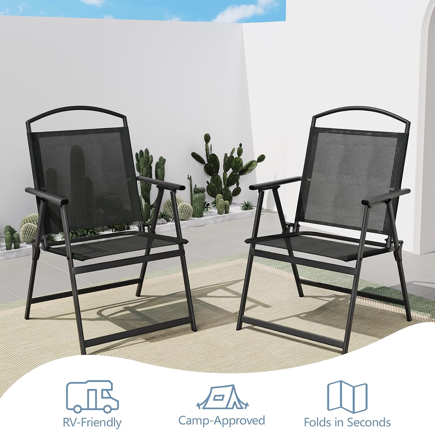 Outdoor Patio Chairs Set of 2, Folding Lawn Chairs, Black | Foldable Lightweight Dining Chairs with Armrests & Back Support, Breathable Textilene & Metal Frame for Deck, Lawn, Camping