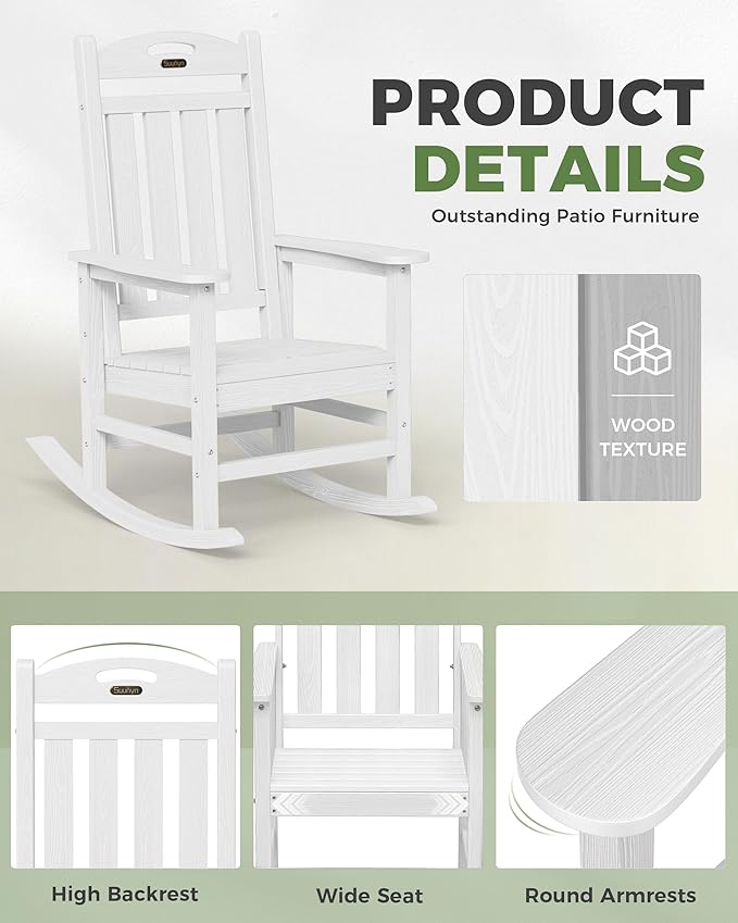Oversized Rocking Chairs Outdoor Set of 4, High Back Porch Rocking Chair, HDPE All Weather Resistant Patio Chairs, 380lbs Weight Capacity, White