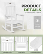 Oversized Rocking Chairs Outdoor Set of 4, High Back Porch Rocking Chair, HDPE All Weather Resistant Patio Chairs, 380lbs Weight Capacity, White