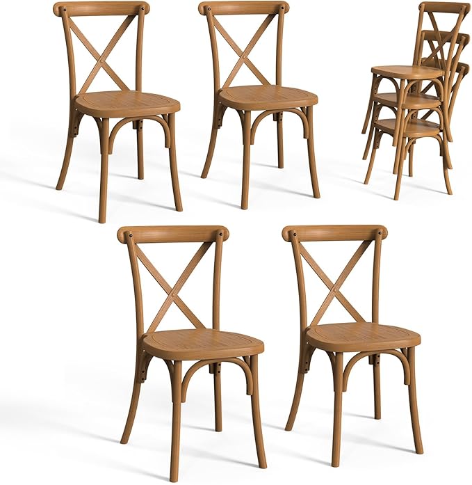 VINGLI Plastic Outdoor Dining Chairs Set of 4, Stackable Patio Farmhouse Brown Dining Chairs with X Back, Waterproof Kitchen & Dining Room Chairs for Indoor-Outdoor, Capacity 400 lbs