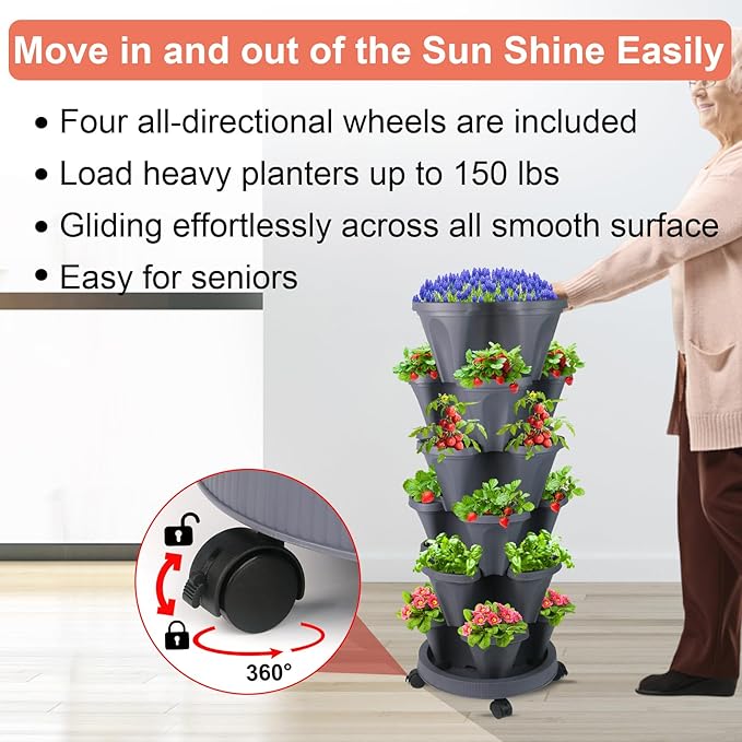 DUNCHATY Stackable Planter, Vertical Garden Planter with Wheels and Tools, Self Watering Strawberry Planter Indoor/Outdoor 6 Tier Herb Planter Pots for Growing Vegetables and Succulents, Dark Gray