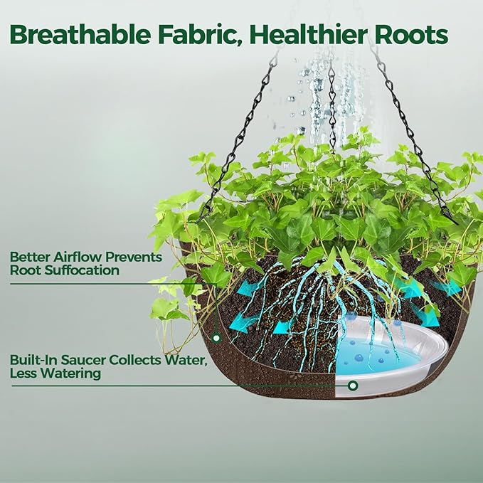 T4U Hanging Planters for Outdoor Plants, 10 Inch 4 Pack Fabric Hanging Baskets with Drainage Tray, Decorative Hanging Pots for Plants Outdoor Patio Porch Garden Use（Brown）