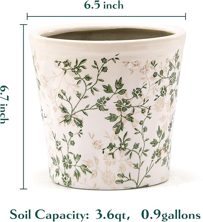 Ceramic Planter Without Drainage Hole, 6.7 Inch - Indoor/Outdoor Flower Pot for Orchids, Succulents, Green Floral Modern Farmhouse Design Plant Pot for Home,Office & Garden Décor, Ideal Gift