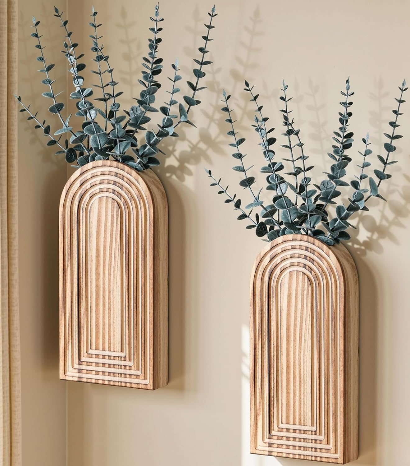DREAMLOOM 2 Pack Wooden Wall Vases with Eucalyptus Artificial Plants, Wall Hanging Planters Boho Modern Farmhouse Indoor for Narrow Spaces Entryway Bathroom Home Office Decoration, Brown