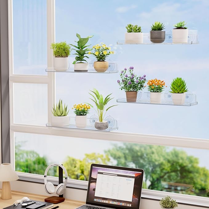 Lifewit Window Plant Floating Shelves 14.6x3.6, 3 Pack Acrylic Suction Cup Shelf, Window Sill Extender for Indoor Succulent Plants, Micro Greens, Seed Starter Pots, Herb Planters 37 x 9 cm/14.6x3.6