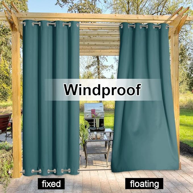 NICETOWN 2 Panels Outdoor Curtains for Patio Waterproof & Windproof, Thermal Insulated Rustproof Top and Bottom Grommet Blackout Outdoor Curtain Drapes for Pergola, W52 by L95, Teal