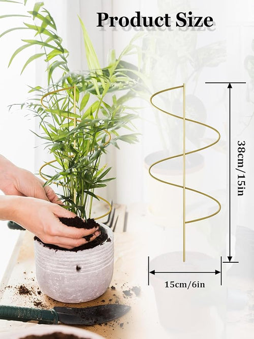 4 Pack Small Wavy Trellis for Potted Plants Indoor, 15 in Garden Trellises for Climbing Plants Outdoor, Single Stick Metal Climber Support Stakes for Vine Ivy Hoya Flower (Golden)