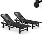 SERWALL Outdoor Chaise Lounge Set of 2, All-Weather HDPE Pool Lounge Chairs with 5-Position Adjustable Reclining Backrest, Rolling Wheels & Cup Holder for Poolside, Black