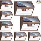 Peasur Brown Solar Lights Outdoor Motion Sensor 8 Pack, Ultra-Bright 3 Mode 140LED Fence Security Light Waterproof, Solar Wall Lighting for Patio Yard Step House Outside Cool White