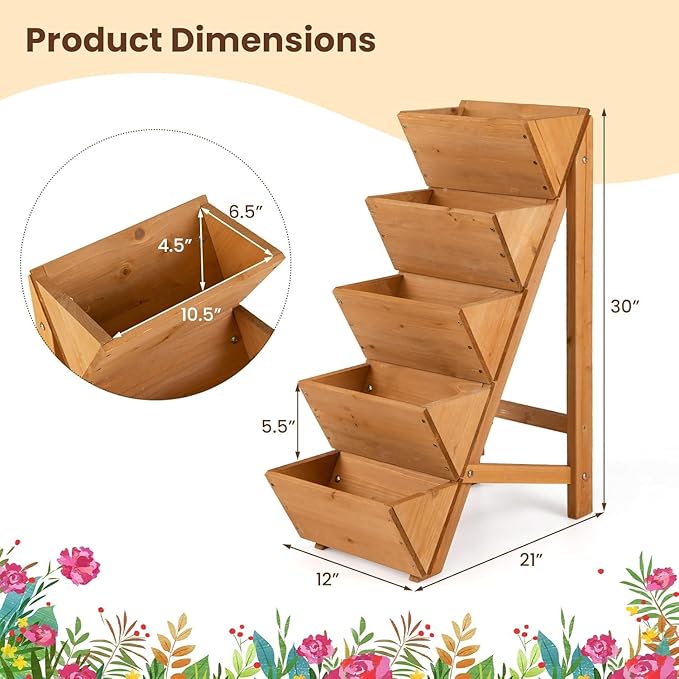 Giantex 5-Tier Wooden Vertical Raised Garden Bed Set of 2, Freestanding Plant Stand with Legs for Herbs Vegetables Fruits, Indoor Outdoor Tiered Wood Planter Box Flower Rack for Patio, Balcony & Yard