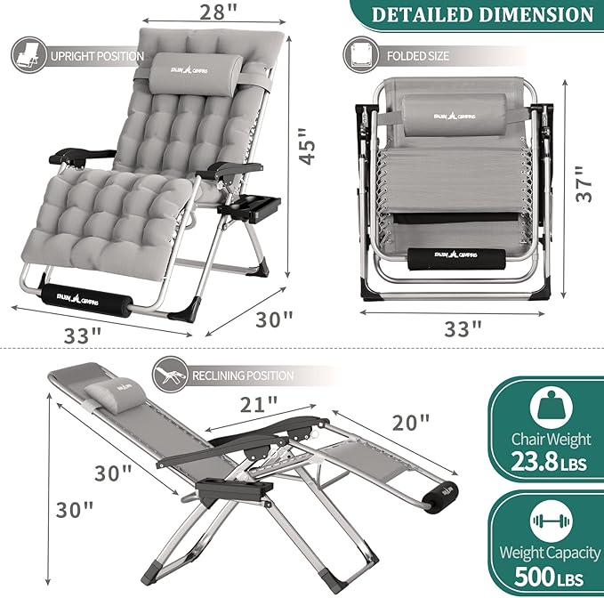 UDPATIO Oversized Zero Gravity Chair Set of 2, 33In XXL Patio Reclining Chair with Cushion, Outdoor Folding Recliner with Pillows|Cup Holder|Foot Rest|Padded Headrest, Grey, Support 500LB
