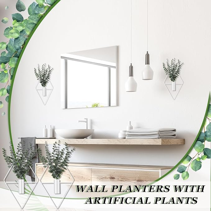Jexine 8 Pcs Hanging Planters with Artificial Eucalyptus Metal Hanging Vase Indoor Plants Holder Modern Geometric Boho Bathroom Wall Decor for Living Room Home Office (Eucalyptus,White)