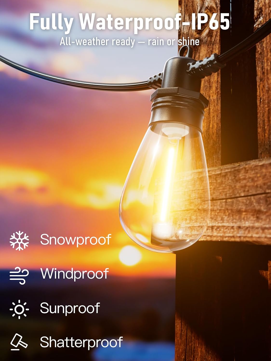 200FT LED Outdoor String Lights with 60 Edison Shatterproof IP65 Waterproof Bulbs, 2700K Dimmable Commercial Grade Patio Lights, Heavy Duty Outside Hanging Light for Garden Decor