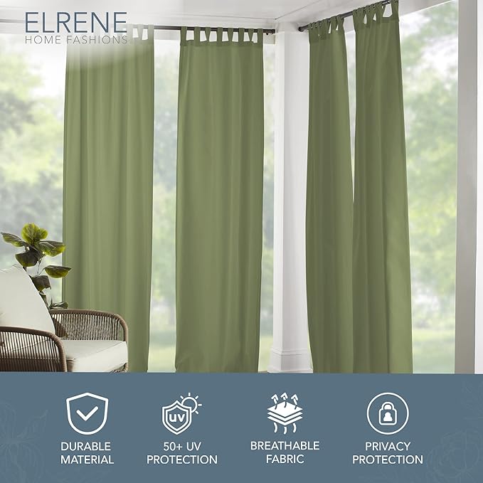 Elrene Home Fashions Matine Weatherproof Tab-Top Indoor/Outdoor Solid Color Curtain Panel for Porch, Pergola, Patio, Deck, 52”W x 95”L, Green