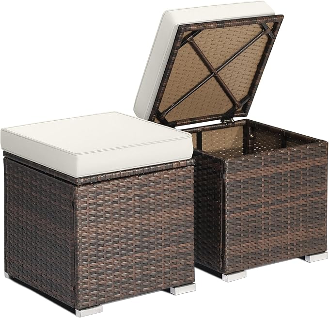 RELAX4LIFE Wicker Outdoor Storage Ottoman, 2-Piece Rattan Footstool w/Removable Cushion, Multipurpose Footrest Stool Side Table Additional Seating, Set of 2 Outdoor Ottomans for Patio Deck (Off White)